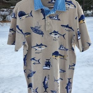 Lands End Fish Polo Shirt With Denim Collar L